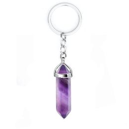 Key Rings Natural Stone Hexagonal Prism Keychains Healing Rose Crystal Car Decor Keyholder For Women Men Drop Delivery Jewelry Dhokb