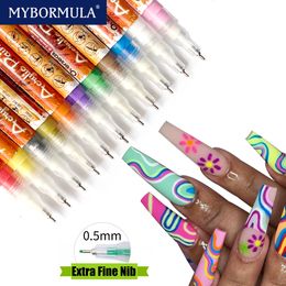 Nail Gel 12 Colours 0.5/0.7mm Nail Art Brush Pen Drawing Painting Abstract Liner DIY Graffiti Design Fast Dry No Need uv Lamp Nail Tool 230703