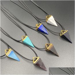 Pendant Necklaces Healing Crystal Natural Stone Four Faceted Cone Charms Turquoise Tiger Eye Lapsi Pink Rope Chain Wholesale Christm Dhoil