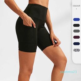 Women's high waist YOGA SHORTS slant pocket running training fast dry tight stretch fitness shorts