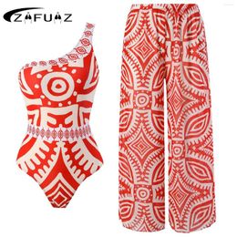 Women's Swimwear Red 2023 Female Retro Swimsuit One Piece Printed Asymmetrical Holiday Beach Dress Shoulder Designer Bathing Suit