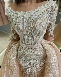 Luxury Mermaid Prom Dresses Long Sleeves Bateau Appliques Sequins Beaded Floor Length Lace Detachable Train Pearls Evening Dress Bridal Gowns Plus Size Custom Made