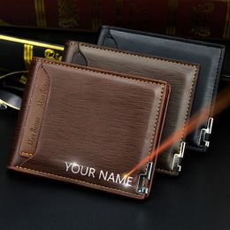 Short Men Wallets Free Name Engraving Luxury Slim Card Holder Male Purse Classic Zipper Coin Pocket Brand Men's Draw Card Wallet