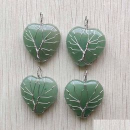 Charms Natural Green Aventurine Stone Tree Of Life Sier Wire Wrapped Love Heart Pendants For Necklace Jewellery Marking Wholesale Drop Dhny0