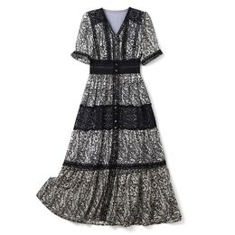 2023 Summer Black Floral Print Lace Dress Short Sleeve V-Neck Midi Casual Dresses W3L041004