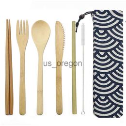 Dinnerware Sets EcoFriendly Wooden Dinnerware Set Portable Travel Tableware Set Bamboo Cutlery Set Wooden Outdoor Utensils With Pouch x0703