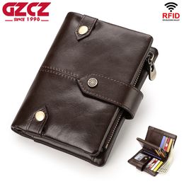Casual Men's Wallet Genuine Leather Zipper Small Coin Pocket Multi-slot RFID Credit Card Holder with ID Window Male Money Bag