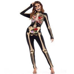 Halloween Costume Womens Skeleton Rose Print Scary Costume Black Skinny Jumpsuit Bodysuit Halloween Cosplay Suit For Women Sexy Co259E