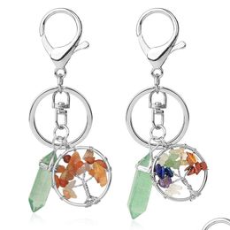 Key Rings Natural Stone Tree Of Life Green Fluorite Hexagonal Prism Keychains Healing Rose Crystal Car Decor Keyholder For Women Men Dhvgt