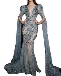 Ziad Naked Prom Dresses Sexy Deep V Neck Crystal Beaded Luxury Mermaid Evening Dresses Yousef Aljasmi Long Sleeve Party Gown Design