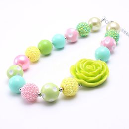 Baby Kids Acrylic Colors Beaded Necklace Lake blue+green rose Flower Chunky Bubblegum Necklace Children Party Gift Handmade Jewelry