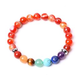 Beaded 7 Chakra 8Mm Red Agate Stone Strand Bracelet Round Beads Bracelets Healing Energy Yoga For Men Women Jewelry Gifts Drop Delive Dhfcn