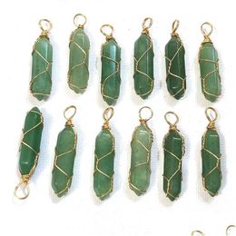 Charms Gold Wire Wrap Natural Stone Green Pillar Shape Point Chakra Pendants For Jewellery Making Wholesale Handmade Craft Bk Drop Del Dhikc