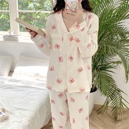 Women's Sleepwear Cute Cartoon Pink Bear Sweet Girly Pyjamas Cotton Lapel Long-sleeve Button Cardigan Top Pants Casual Home Wear Suit Autumn