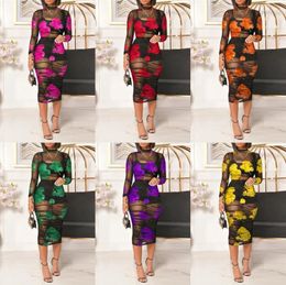 Casual Dresses 2023 European American Black Strap Short Skirt Paired With Fashion Flower Print Transparent Mesh Sexy Long Dress Vestidos