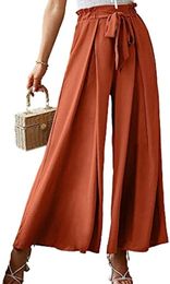 Women's Elegant Striped Split High Waisted Belted Flowy Daily Casual Wide Leg Pants