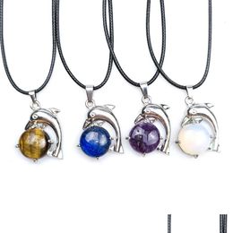 Pendant Necklaces Natural Stone Crystal Necklace Dolphin Shape Round Amethyst Blur Quartz Chakra Healing Jewellery For Women 22X30Mm D Dhqg3
