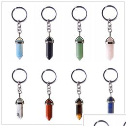 Key Rings Natural Stone Hexagonal Prism Keychains Sier Colour Healing Amethyst Pink Crystal Car Decor Keyholder For Women Men Drop De Dh6Et