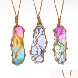 Pendant Necklaces Healing Crystal Column Dyed Natural Stone Pillar Weave Net Bag Charms Green Pink Rope Chain Wholesale Christmas Je Dht7B