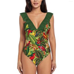 Women's Swimwear Vintage Tropical Bird Jungle Garden Women Ruffle One Piece Swimsuit Sexy Bodysuit Monokini Bathing Suit Birds