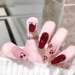 False Nails 24Pcs Coffin Press on Nails Full Finished Deep Red False Nails Cherry Pattern Fake Nails for Women and Girls Fake Nail Patch x0703