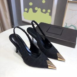 Dress Women Designer Metal Black Pointed Toe High Heels Fine Heel Patent Leather Tweed Sandals Sexy Party Shoes 9cm with Box 5 5