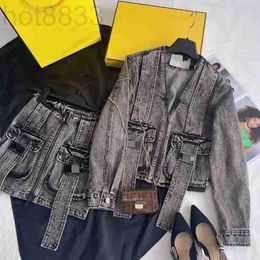 Two Piece Dress Designer 23 Spring Summer Fashion Functional Style Letter Bag Pocket V-neck Jean Jacket High Waist Skirt Set 4QR7