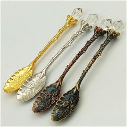 Coffee Scoops Vintage Spoon Royal Style Metal Carved Flower Teaspoon Crystal Milk Ice-Cream Sugar Cake Spoons Drop Delivery Home Gar Dhbo9