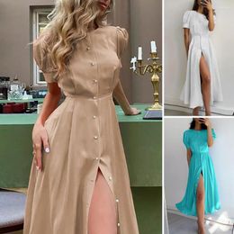 Casual Dresses Summer Midi Dress Short Sleeves Split Hem Party Solid Colour High Tight Waist Mid-calf Women