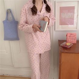 Women's Sleepwear Spring And Autumn Cotton Cherry Full-body Printing Long Sleeve Trouser Lounge Set Cardigan Chequered Printed Pyjamas