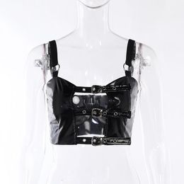Camis Black PU Leather Spaghetti Strap Front Belt Buckles Hollow Out Y2K Gothic Crop Top Sexy Camisole Women Rock Punk Street Clubwear