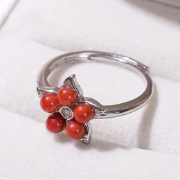 Natural China Red Agate Flower Shape Plated Silver Finger Rings Women Vintage Energy Bead Inlaid Adjustable Ring Jewellery Gift