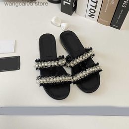 Slippers Quality High Sandal Lady Slipper Luxury Designer summer ladies Beach Casual shoe fashion woman Comfortable Double belt pearl flat bottom slippers T230703