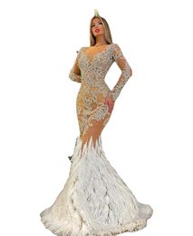 Furs Arabic Aso Ebi Prom Dresses Sparkly Crystals Beading Long Sleeves Formal Gowns Evening Sexy Nude Mermaid Lace Party Dress
