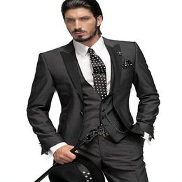 Whole- man Suit Charcoal One Button Groom Tuxedos For Men Suits Groomsman Jacket Pants Vest Wedding Tuxedos Wedding Su304I