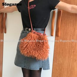 Waist Bags Fashion Long Fur Shoulder Bag Women s 2023 Faux Handbag Girls Luxury Mongolian Sheep Furry Purse Packs 230703