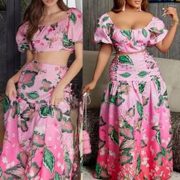 Casual Dresses Summer 2 Piece Set Women Crop Top High Waist Long Skirt Maxi Matching Sets Printed Boho Sexy Beach