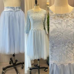 2023 Sky Blue Bridesmaids Dresses Real Image Jewel Neck Lace Appliques Two Pieces Knee Length Long Sleeves Zipper Back Formal Maid Of Honors Wedding Guest Gowns