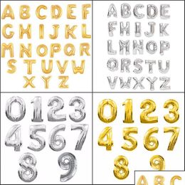 Other Festive Party Supplies 16Inch Aluminium Balloons Gold Sier Colour Alphabet Letters A-Z And Arabic Number 0-9 Foil Balloon Chri Dhm3T