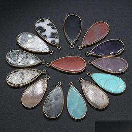 Charms Waterdrop Healing Turquoise Picture Stone Rose Quartz Crystal Gold Edged Pendant Diy Necklace Women Fashion Jewellery Finding D Dhcot