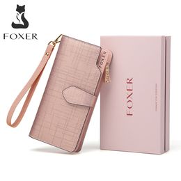FOXER Women Cowhide Leather Wallets Long Bifold Wallet Clutch Cellphone Bag with Wristlet Quality Card Holder Zipper Coin Purse