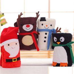 Blankets Flannel Christmas Blanket Cartoon Xmas Foldable Santa Claus Snowman Penguin Deer Pattern Carpet Washable 80X100Cm Drop Deli Dh5E3