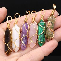 Charms Natural Stone Hexagon Crystal Pendants Gold Colour Wire Wrap Rose Quartz For Jewellery Making Diy Necklace Earring Gifts Drop De Dh7Ld