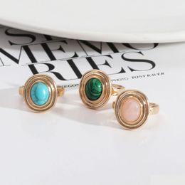 Solitaire Ring Gold Oval Malachite Turquoise Rose Quartz Stone Rings Fashion Inner Dia 1.7Cm Colour Band Jewellery For Women Drop Delive Dhhmv