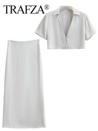 Two Piece Dress TRAFZA Womens Summer Fashion Casual Street Wear Silver High Waist Slim Half Skirt Button Up Shirt Top Suit Female 230630
