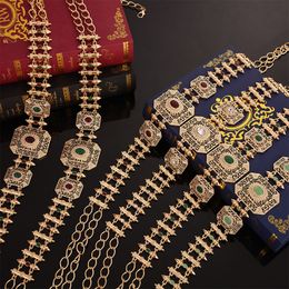 Navel Bell Button Rings Vintage Crystal Metal Belt for Women Hollow Flower Moroccan Wedding Dress Gold Color Belt Jewelry Set Adjustable 230703