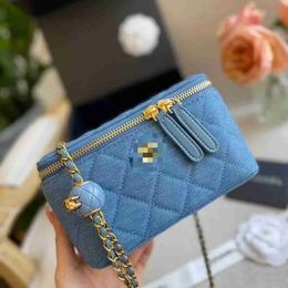 Baobao Women's 2022 New Xiaoxiang Denim Golden Ball Square Fat Man Ling Grid Chain Small Bag Casual One Shoulder Crossbody