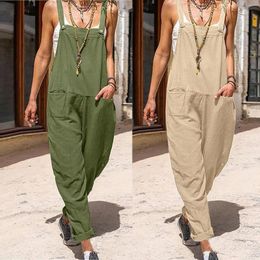 Women's Pants Womens Casual Solid Loose Overalls Cotton Wide Cut With Pockets Leg Long