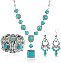 Earrings Necklace 4 Pieces Bohemian Turquoise Pendant Necklace Jewelry Sets for Women Vintage Earrings and Necklace Bracelet Statement Gift Sets 230703