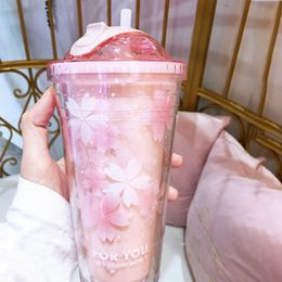 Water Bottles Sakura BPA Free Plastic Cups with Lids and Straw Water Bottle Hidden Straw Ice Cup for Drinking Coffee Mug Juice Milk straw cup 230703